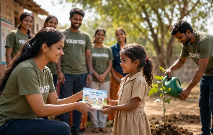 Volunteers of Pushkarnarayan Toshniwal Charitable Trust supporting child education and environmental sustainability
